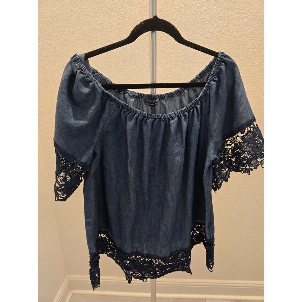 Unique Spectrum 1X Lace Trim Denim Blouse Boho Peasant Top Medium Wash Women